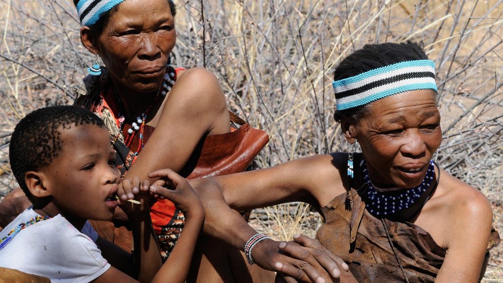 Members of a community wearing traditional clothing in rural Botswana