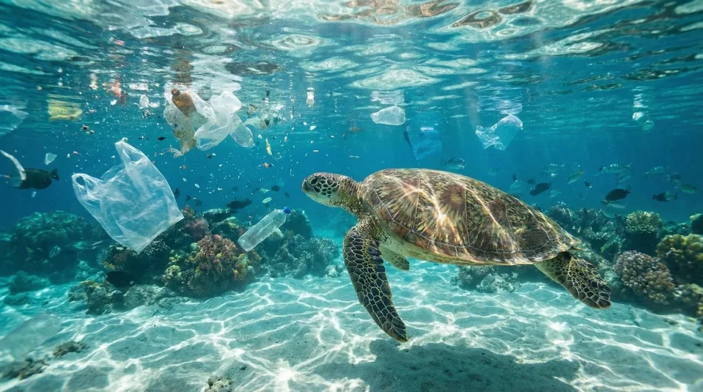 Sea turtle swimming among plastic bags and marine debris above a tropical coral reef